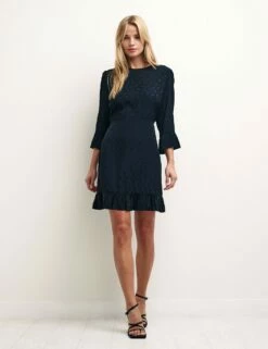 Black Satin Jacquard Frill Hem Fleur Mini Dress