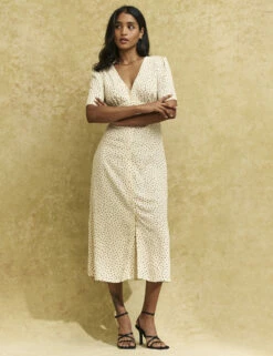 Petite Cream Spot Alexa Midi Tea Dress With Shirring