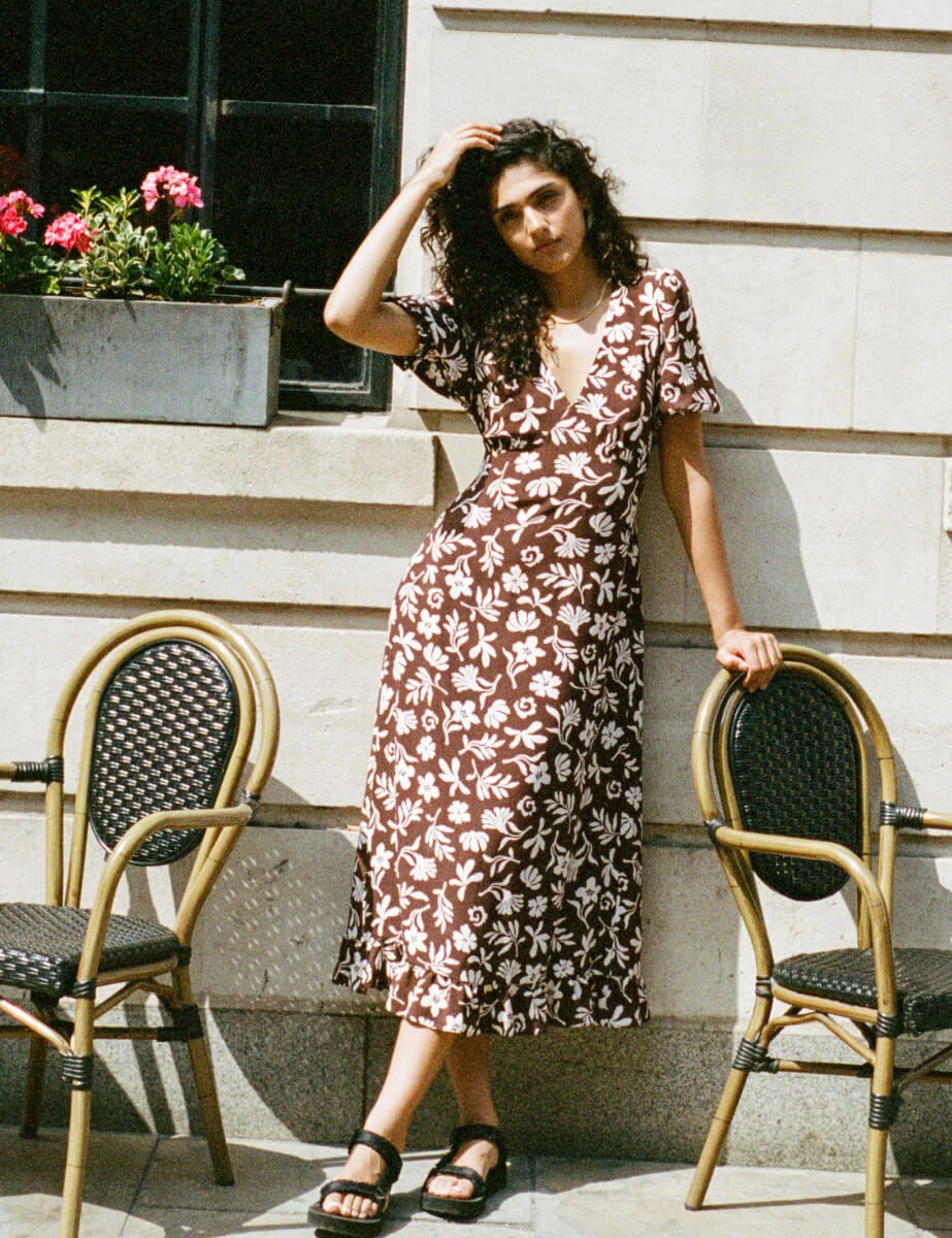 Brown Botanical Print Delilah Midi Tea Dress 3 Brown Botanical Print Delilah Midi Tea Dress