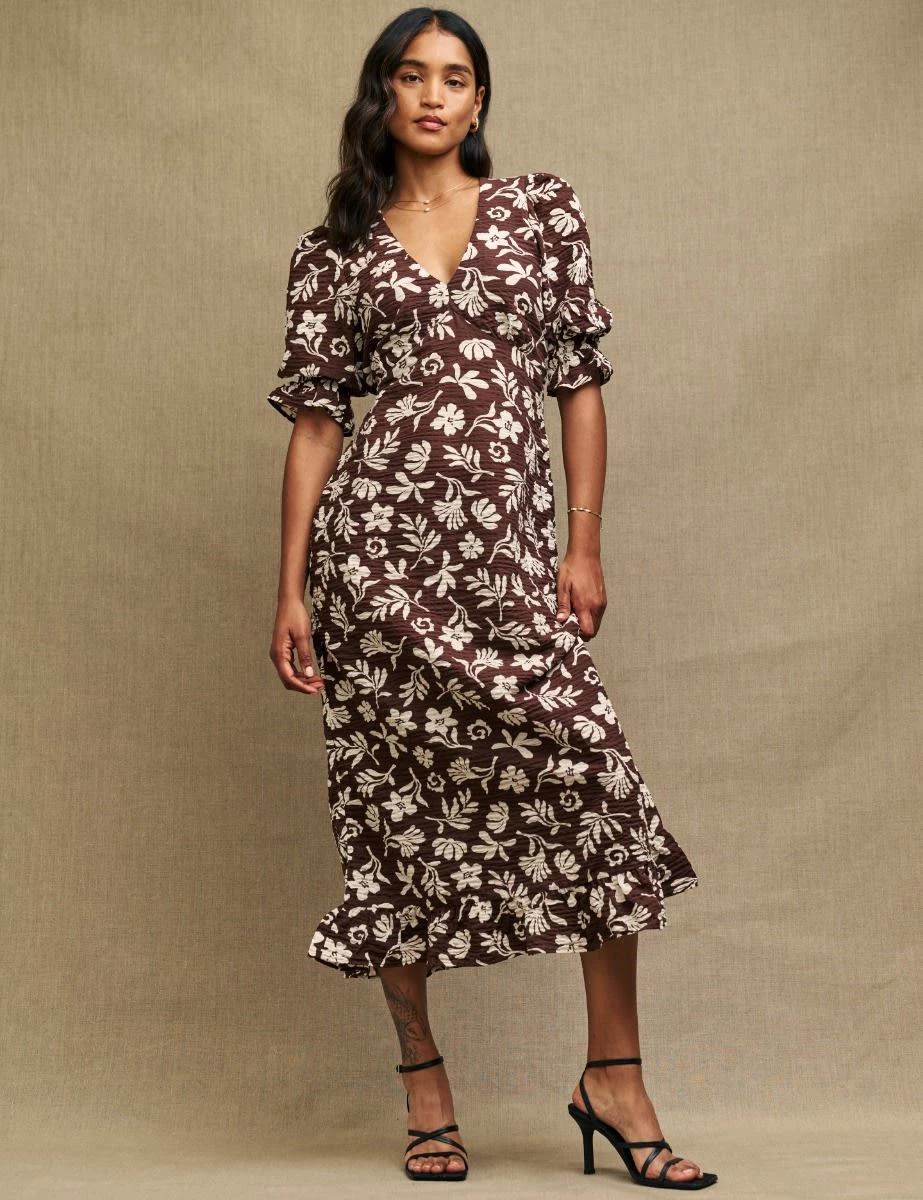 Brown Botanical Print Delilah Midi Tea Dress 4 Brown Botanical Print Delilah Midi Tea Dress - Image 2
