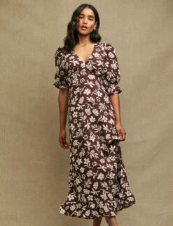 Petite Brown Botanical Print Delilah Midi Tea Dress