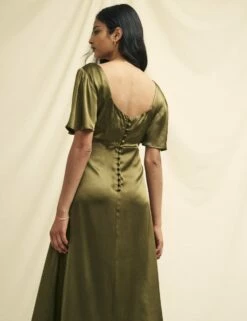 Olive Green Satin Bridesmaid Becca Midaxi Dress -UK Clothing Sales d231886grn dt