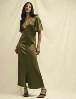 Olive Green Satin Erin Bridesmaid Midaxi Dress -UK Clothing Sales d231887grn sd