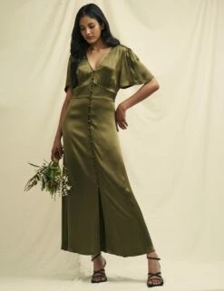Front Page 11 Olive Green Satin Erin Bridesmaid Midaxi Dress