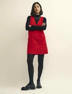 Red Piper Cord Pinny Mini Dress