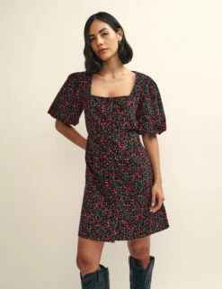 Black Poppy Print Cord Nell Mini Dress -UK Clothing Sales d231919mlt side 1