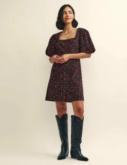 Black Poppy Print Cord Nell Mini Dress