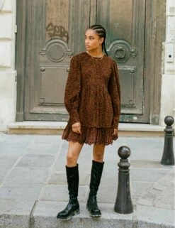 Leopard Print Cord Eyre Broderie Trim Smock Mini Dress