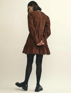 Leopard Print Cord Eyre Broderie Trim Smock Mini Dress -UK Clothing Sales d231921brn bk