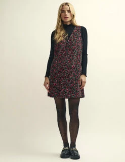Black Poppy Print Piper Cord Pinny Mini Dress