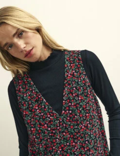 Black Poppy Print Piper Cord Pinny Mini Dress -UK Clothing Sales d231932mlt 0977