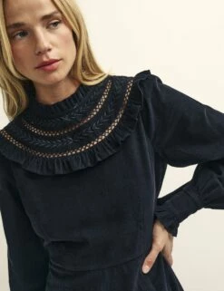 Black Cord Embroidered Frill Collar Georgiana Mini Dress -UK Clothing Sales d231937blk 0941