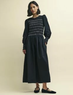 Black With White Stitching Marie Prairie Midi Dress