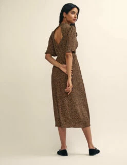 Leopard Print Ruffle Trimmed Ivy Midi Dress -UK Clothing Sales d232030brn back
