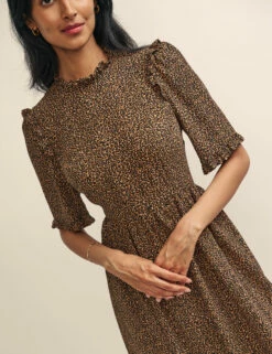 Leopard Print Ruffle Trimmed Ivy Midi Dress -UK Clothing Sales d232030brn detail
