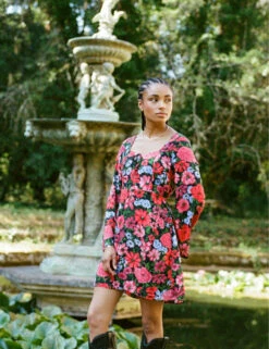 Black And Red Floral Flute Sleeve Layla Mini Dress