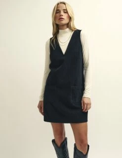 Petite Black Piper Cord Pinny Mini Dress