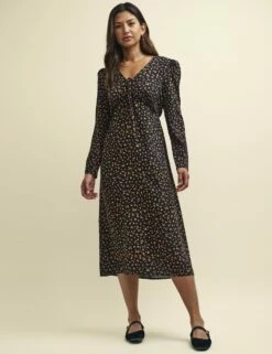 Black And Orange Spot Print Long Sleeve Lily Midi Dress