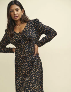 Black And Orange Spot Print Long Sleeve Lily Midi Dress -UK Clothing Sales d232235blk 0056