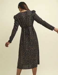 Black And Orange Spot Print Long Sleeve Lily Midi Dress -UK Clothing Sales d232235blk 0066