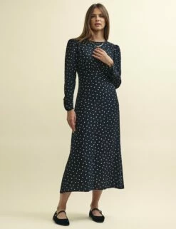 Black Spot Print Long Sleeve Sienna Midi Dress