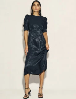 Black Satin Jacquard Moira Midaxi Dress