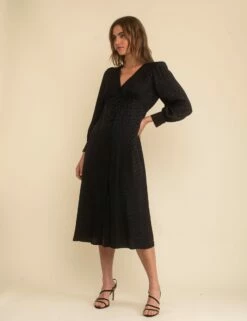 Black Satin Jacquard V-Neck Tasha Midi Dress -UK Clothing Sales d232266blk sd