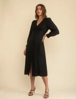 Black Satin Jacquard V-Neck Tasha Midi Dress
