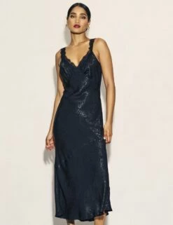 Black Jacquard Lace Trim Satin Slip Zadie Midaxi Dress -UK Clothing Sales d232455blk 0456