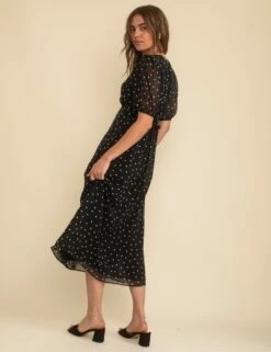 Black Spot Print Chiffon Wrap Molly Midi Dress -UK Clothing Sales d232462blk bk