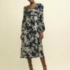 Black Floral Long Sleeve Dee Dee Midi Dress -UK Clothing Sales d232502blk sm rs