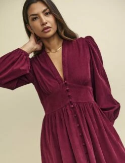 Burgundy Cord Long Sleeve Starlight Midaxi Dress -UK Clothing Sales d232516red dtrs