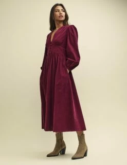 Burgundy Cord Long Sleeve Starlight Midaxi Dress -UK Clothing Sales d232516red sdrs