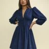 Navy Cord Starlight Long Sleeve Mini Dress -UK Clothing Sales d232518blu sm 1