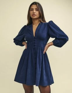 Navy Cord Starlight Long Sleeve Mini Dress