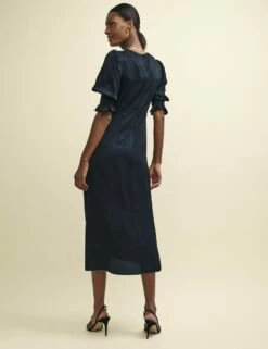 Black Satin Brushstroke Jacquard Luna Midi Dress -UK Clothing Sales d232546blk bk