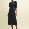 Black Satin Brushstroke Jacquard Luna Midi Dress -UK Clothing Sales d232546blk sm