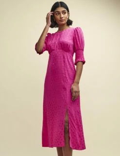 Pink Satin Jacquard Luna Midi Dress