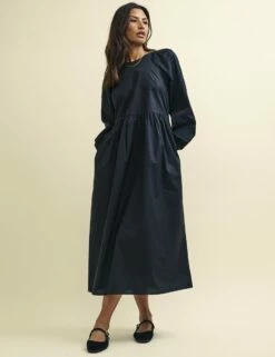 Black Long Sleeve Issy Smock Midi Dress