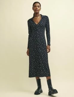 Black Floral Print Reed Midi Dress -UK Clothing Sales d240064mlt sd