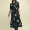 Petite Black Floral Puff Sleeve Bonnie Midi Dress -UK Clothing Sales d240071blk sd 1