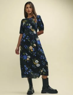 Black Floral Puff Sleeve Bonnie Midi Dress