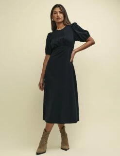Black Puff Sleeve Bonnie Midi Dress