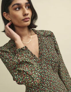 Green Floral Balloon Sleeve Daphne Midi Dress -UK Clothing Sales d240074grn dt 1