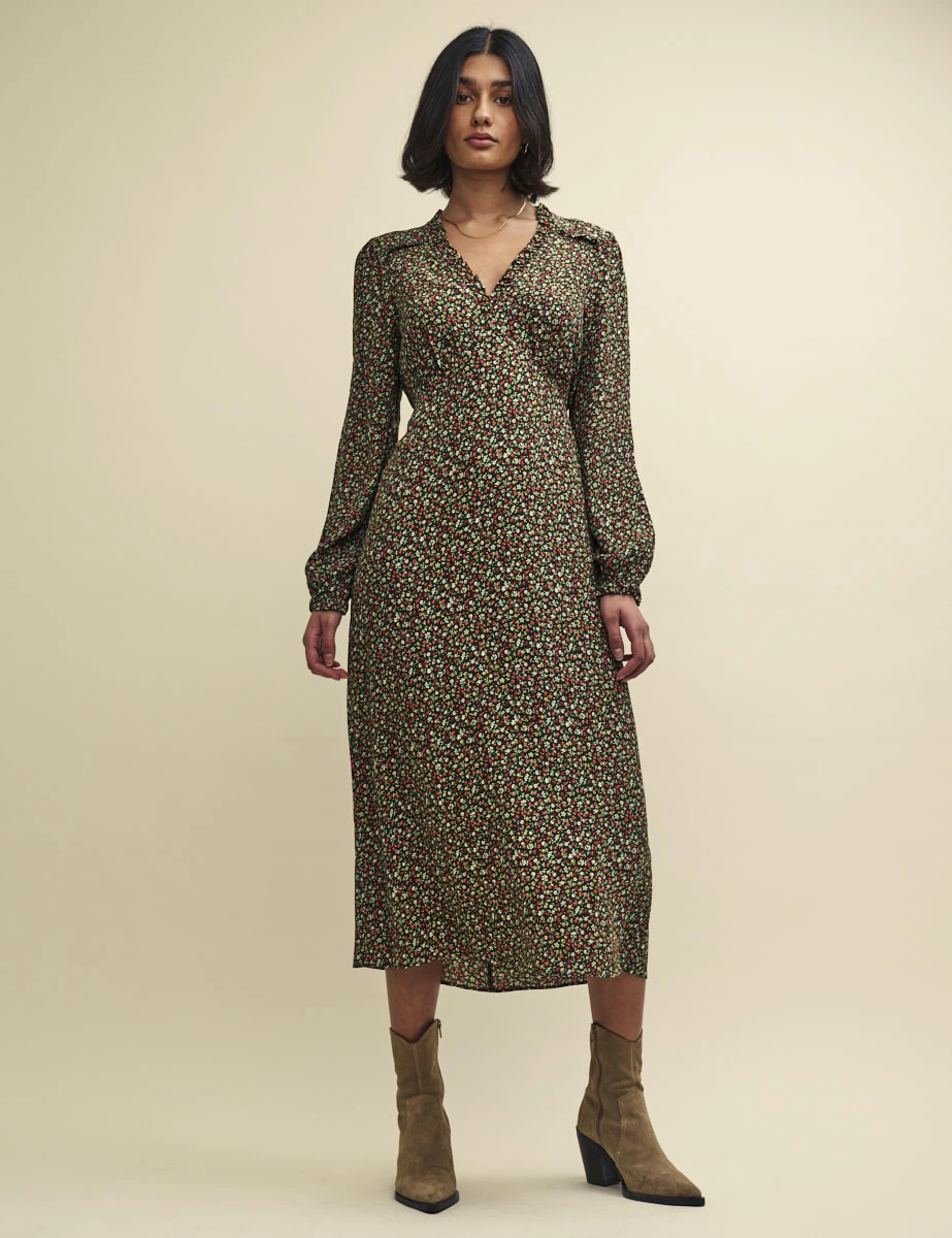 Petite Green Floral Balloon Sleeve Daphne Midi Dress 3 Petite Green Floral Balloon Sleeve Daphne Midi Dress