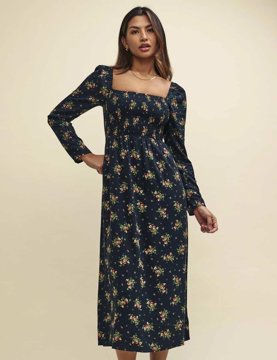 Black Wildflower Shirred Bodice Liberty Midi Dress 4 Black Wildflower Shirred Bodice Liberty Midi Dress - Image 2