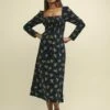 Black Wildflower Shirred Bodice Liberty Midi Dress