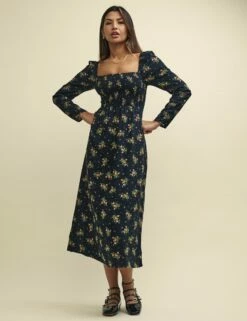 Black Wildflower Shirred Bodice Liberty Midi Dress
