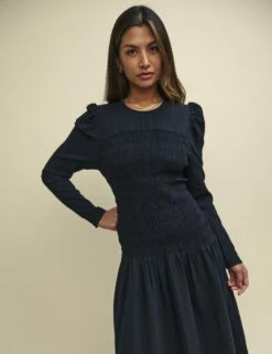 Black Shirred Gracie Midi Dress -UK Clothing Sales d240079blk dt