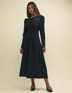 Black Shirred Gracie Midi Dress